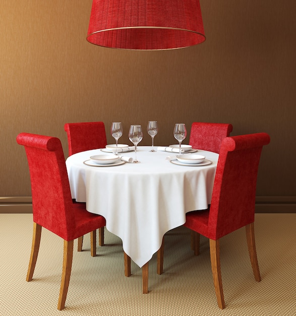 Interior con mesa redonda y cuatro sillas rojas.