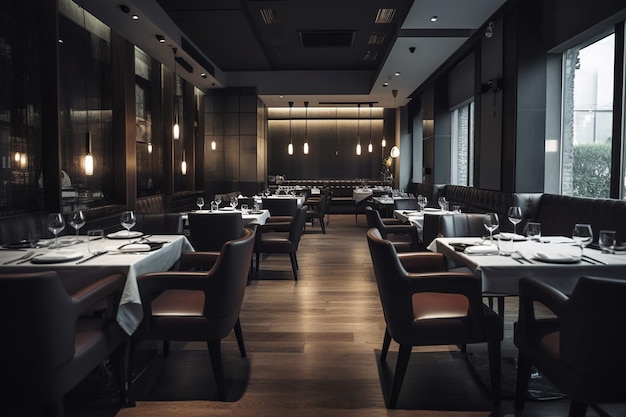 Interior de mesas y sillas de restaurante de lujo moderno en habitación vacía IA generativa