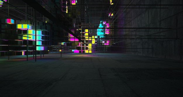 Interior de metal oxidado arquitectónico abstracto de una matriz de cubos de hormigón con gradiente de color neo