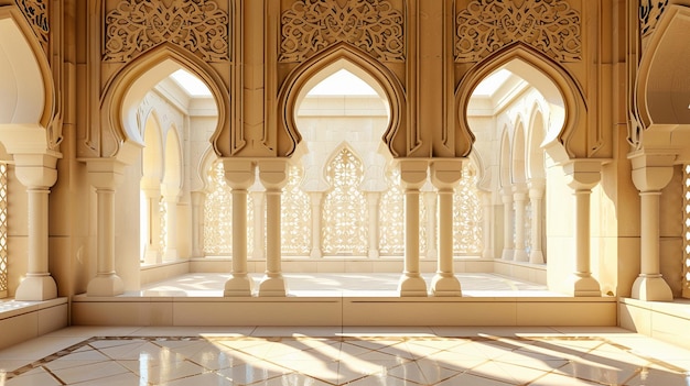 Interior de la mezquita oriental con luz solar de fondo islámico