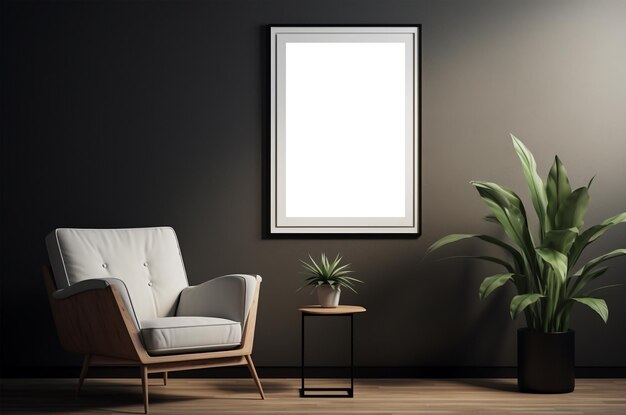 Interior minimalista en 3D con pintura de maqueta en la pared negra IA generativa