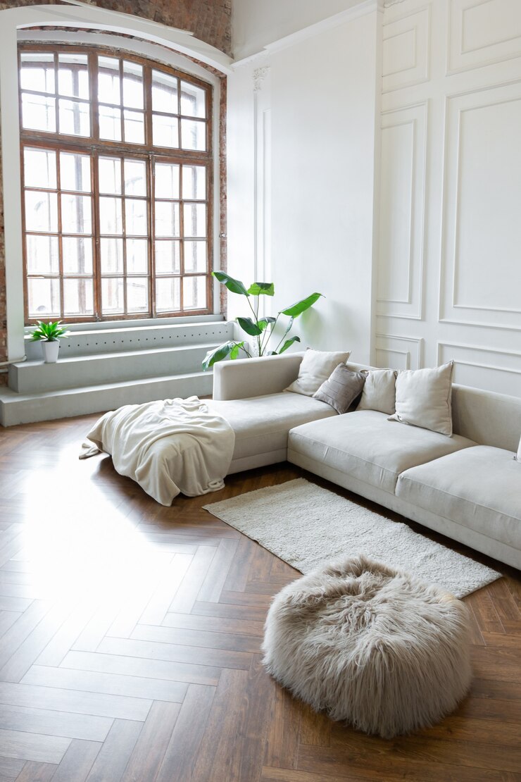 Interior minimalista de un apartamento ultramoderno de planta abierta con paredes blancas y grises con un relieve y muebles tapizados con estilo gris y grandes ventanales