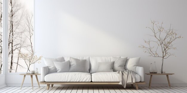 Interior minimalista blanco de la sala de estar con sofá en un piso de madera decoración en una pared grande paisaje blanco en la ventana Interior nórdico del hogar