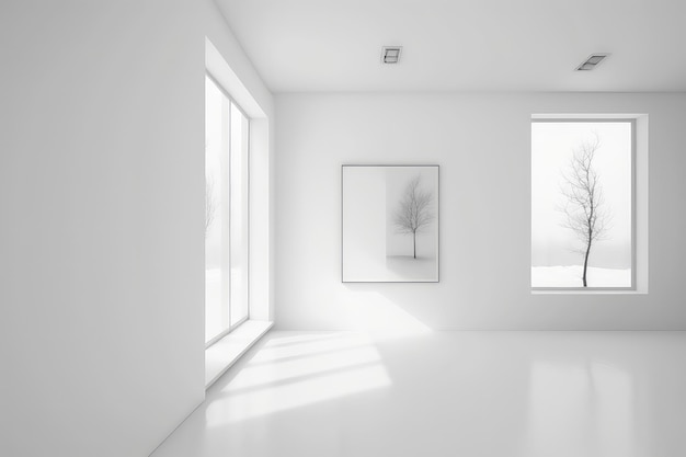 Interior minimalista branco com uma paisagem de inverno fora da janela Generative AI