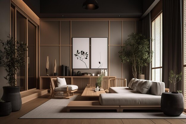 Interior minimalista branco da sala de estar com sofá em uma decoração de piso de madeira em uma grande parede paisagem branca na janela Home Interior nórdico Cartaz interior escandinavo mock upGenerative AI