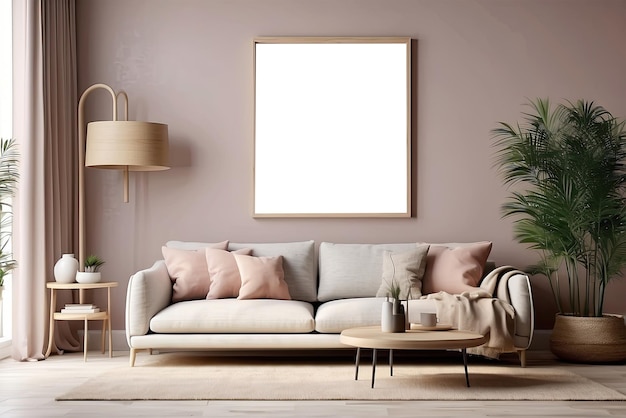 interior minimalista con cartel vacío maqueta de marco sala de estar moderna generación de IA en 3D
