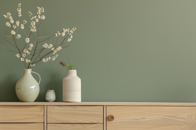 Interior minimalista com parede verde sálvia e móveis de madeira clara decorados com vasos
