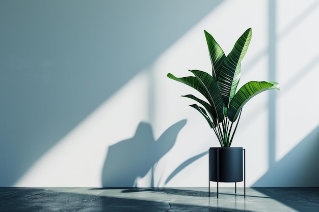 Interior minimalista com plantas e sombras na parede