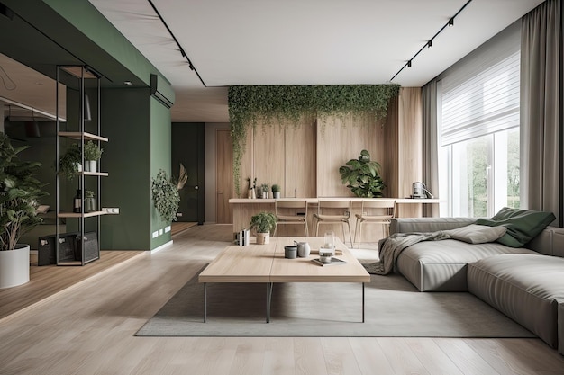 Interior minimalista com toques naturais de verde