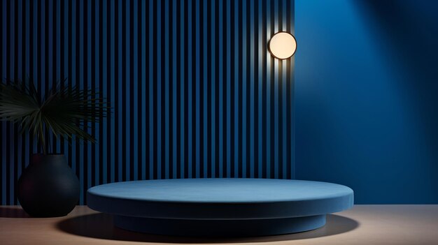 Foto interior minimalista com um banco redondo de veludo cercado por paredes de ilusão listradas em uma paleta de cores azul escuro com iluminação sutil.