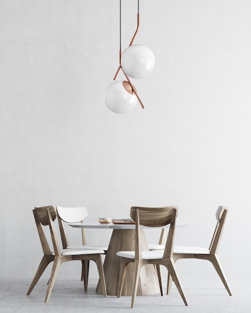 Interior minimalista de comedor blanco con una mesa redonda de madera y blanca y cuatro sillas. maqueta de renderizado 3d