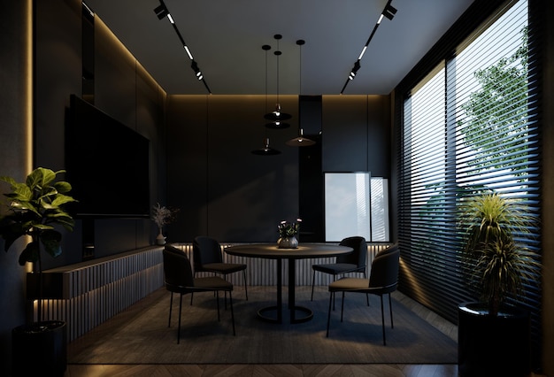 Interior minimalista del comedor con renderizado de ilustraciones 3D en tonos negros