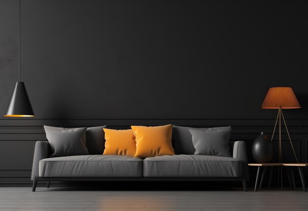 Interior minimalista contemporáneo negro con lámparas de suelo de sofá y decoración