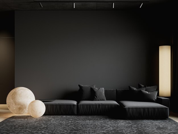 Interior minimalista contemporáneo negro con lámparas de suelo de sofá