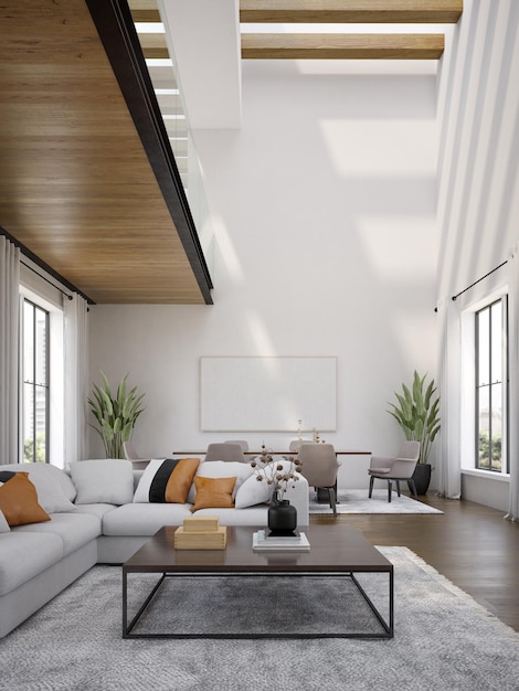 Foto interior minimalista da renderização 3d moderna sala de estar