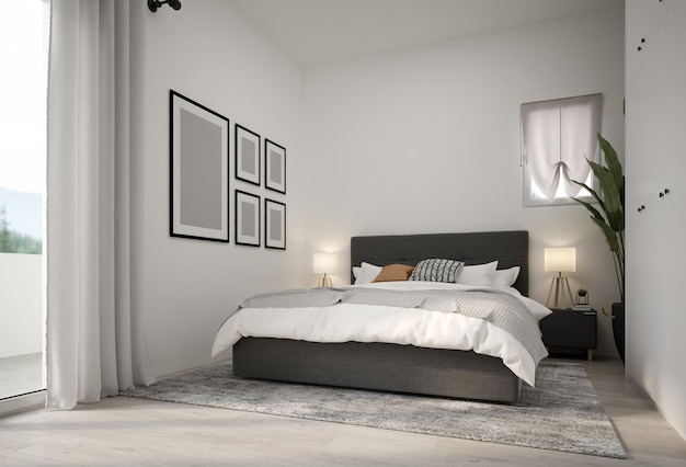 Interior minimalista da renderização em 3D do quarto de cama moderno