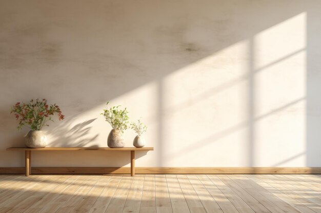 Interior minimalista da sala de estar com decoração de chão de madeira em uma grande parede IA geradora