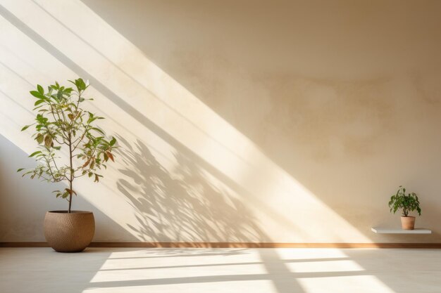 Interior minimalista da sala de estar com decoração de chão de madeira em uma grande parede IA geradora