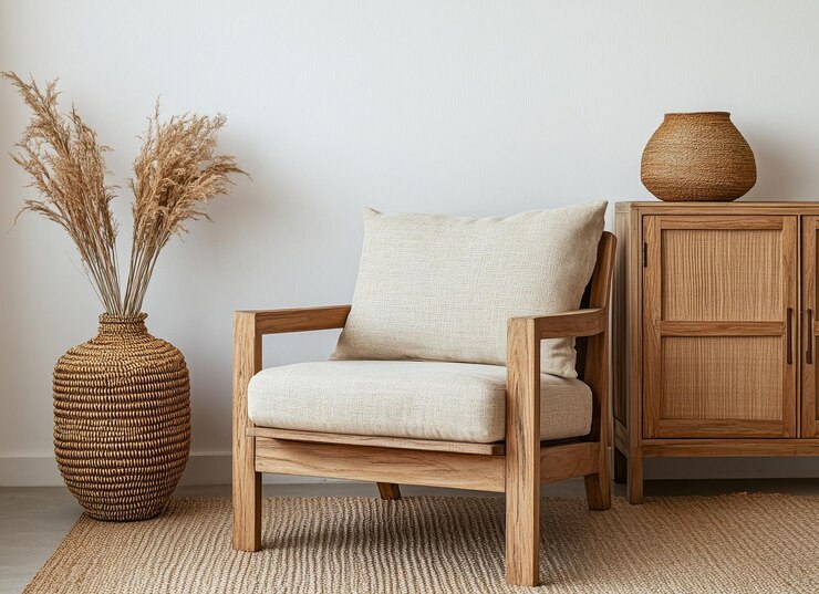 Foto interior minimalista da sala de estar com poltrona de madeira, mesa lateral, grama de pampa e tapete de juta