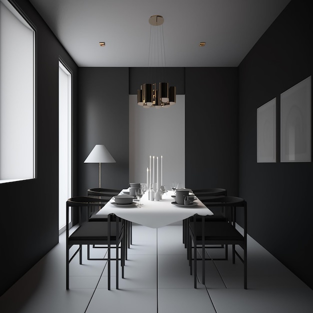 Interior minimalista da sala de jantar com cadeiras e mesa na sala com paredes brancas