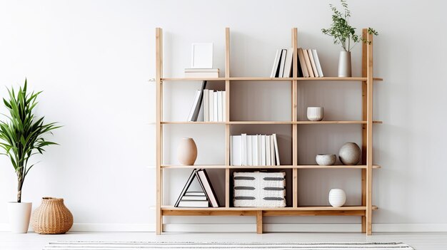 Interior minimalista de uma sala de estar luminosa com poltrona e estante de madeira na parede branca vazia b