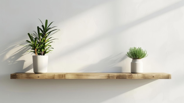 Interior minimalista con dos plantas en maceta en un estante de madera y una pared blanca con sombras