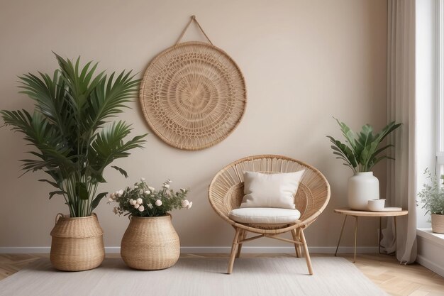 Interior minimalista elegante de la sala de estar con diseño de sillón de ratán hoja de palma en cuadros de canasta