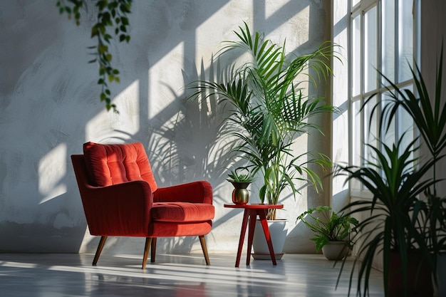Interior minimalista elegante sala pintada áspera poltrona vermelha aconchegante mesa de café plantas grande janela