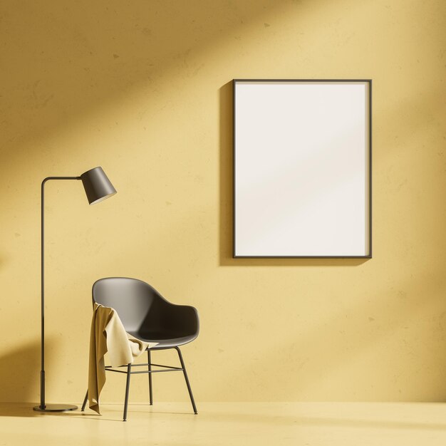 Foto interior minimalista em tons amarelos com uma poltrona confortável e uma lâmpada de chão poster vertical na parede renderização em 3d