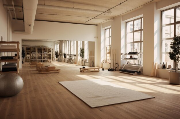 Interior minimalista del estudio de yoga con esteras en el suelo espacio sereno y elegante para la práctica del yoga
