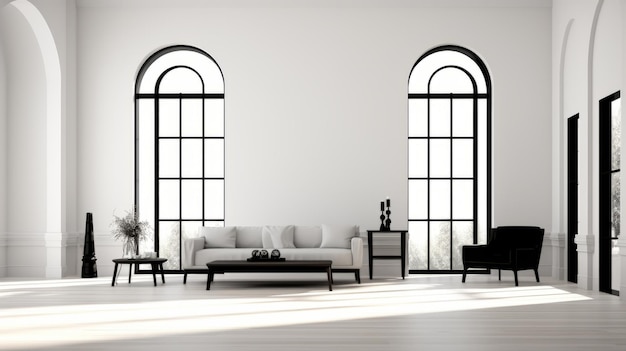 Interior minimalista fotografía serena en blanco y negro con muebles elegantes y mucha luz natural