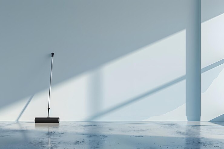 Interior minimalista con una herramienta de limpieza y sombras suaves