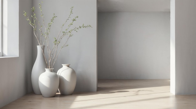 Interior minimalista con jarrones blancos y luz natural