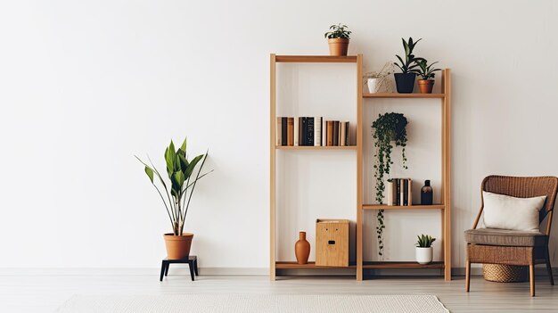 Interior minimalista de un luminoso salón con sillón y estantería de madera en una pared blanca vacía b