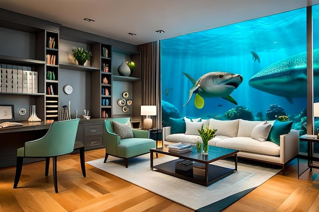 Interior minimalista moderno brilhante e acolhedor da sala de estar com mobília do rattan do sofá e papel de parede de
