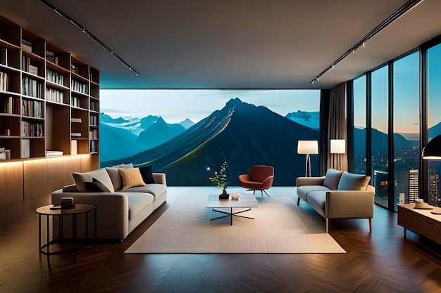 Interior minimalista moderno brilhante e acolhedor da sala de estar com móveis de rattan e papel de parede