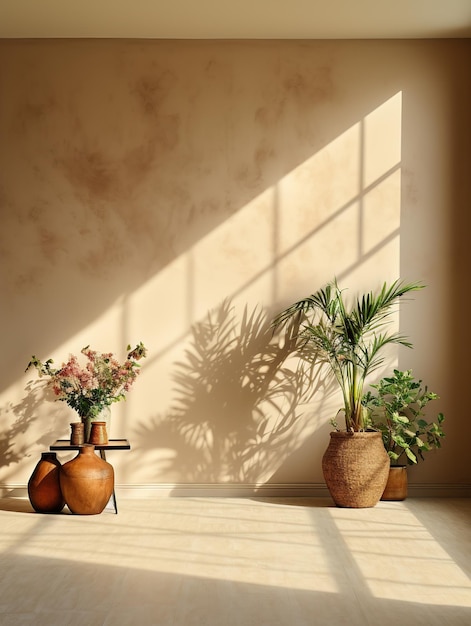 Interior minimalista moderno com planta e prateleira sobre a sombra luminosa na parede vazia de cor bege b