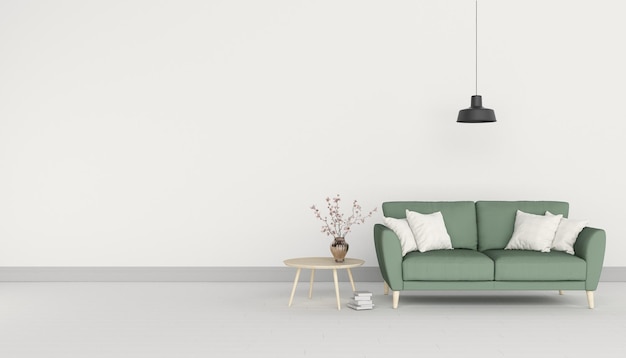 Interior minimalista moderno com sofá no fundo da parede branca vazia