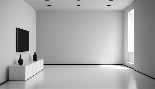 Interior minimalista moderno com uma grande parede branca vazia