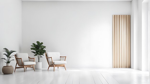Interior minimalista moderno com uma poltrona em um fundo de parede branco vazio