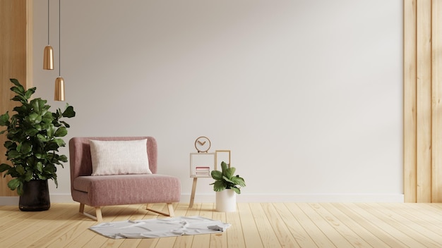 Interior minimalista moderno com uma poltrona rosa no fundo da parede branca vazia
