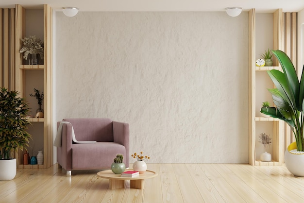 Interior minimalista moderno com uma poltrona rosa vazia em uma parede de cimento branco