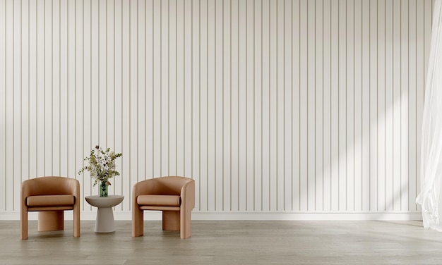 Foto interior minimalista moderno da sala de estar com cadeiras de couro em fundo de parede de madeira branca