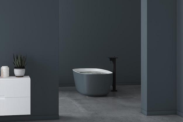 Interior minimalista moderno do banheiro, armário de banheiro moderno, banheira branca, piso de concreto.