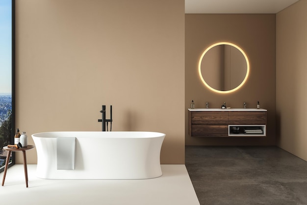 Interior minimalista moderno do banheiro, armário de banheiro moderno, pia dupla, espelho oval, concreto