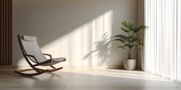 Interior minimalista moderno con mecedora y planta diseño de habitaciones pacífico y elegante con luz solar perfecto para la relajación y la decoración del hogar AI