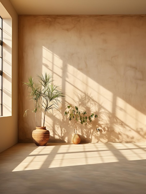 Interior minimalista moderno con planta y estantería sobre la sombra luminosa en la pared vacía de color beige b