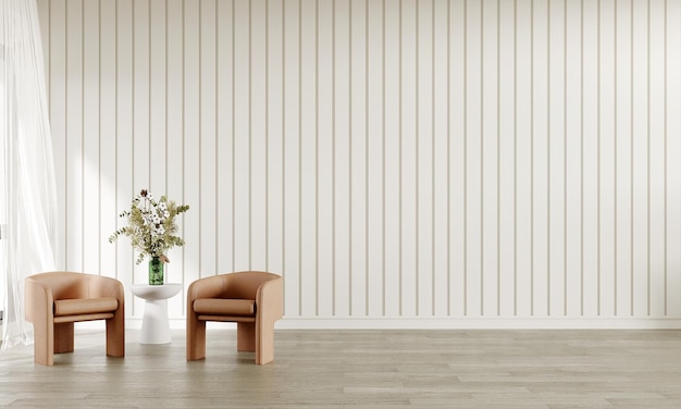 Foto interior minimalista moderno de la sala de estar con sillas de cuero sobre un fondo de pared de madera blanca vacía