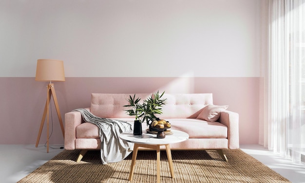 Foto interior minimalista moderno de la sala de estar con sofá rosa sobre un fondo de pared de hormigón blanco vacío