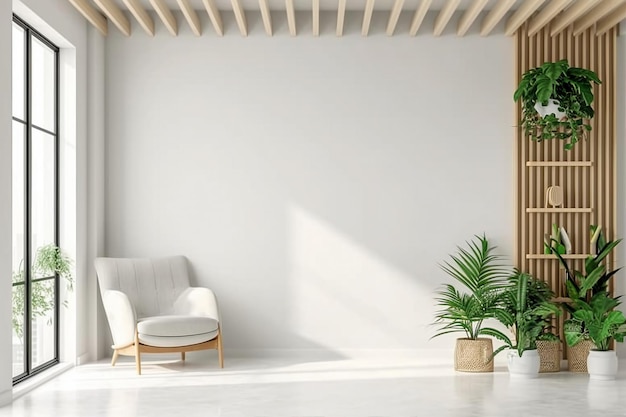 Interior minimalista moderno con un sillón en un fondo de pared blanco vacío